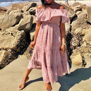 Off the Shoulder Midi Mauve Floral Dress